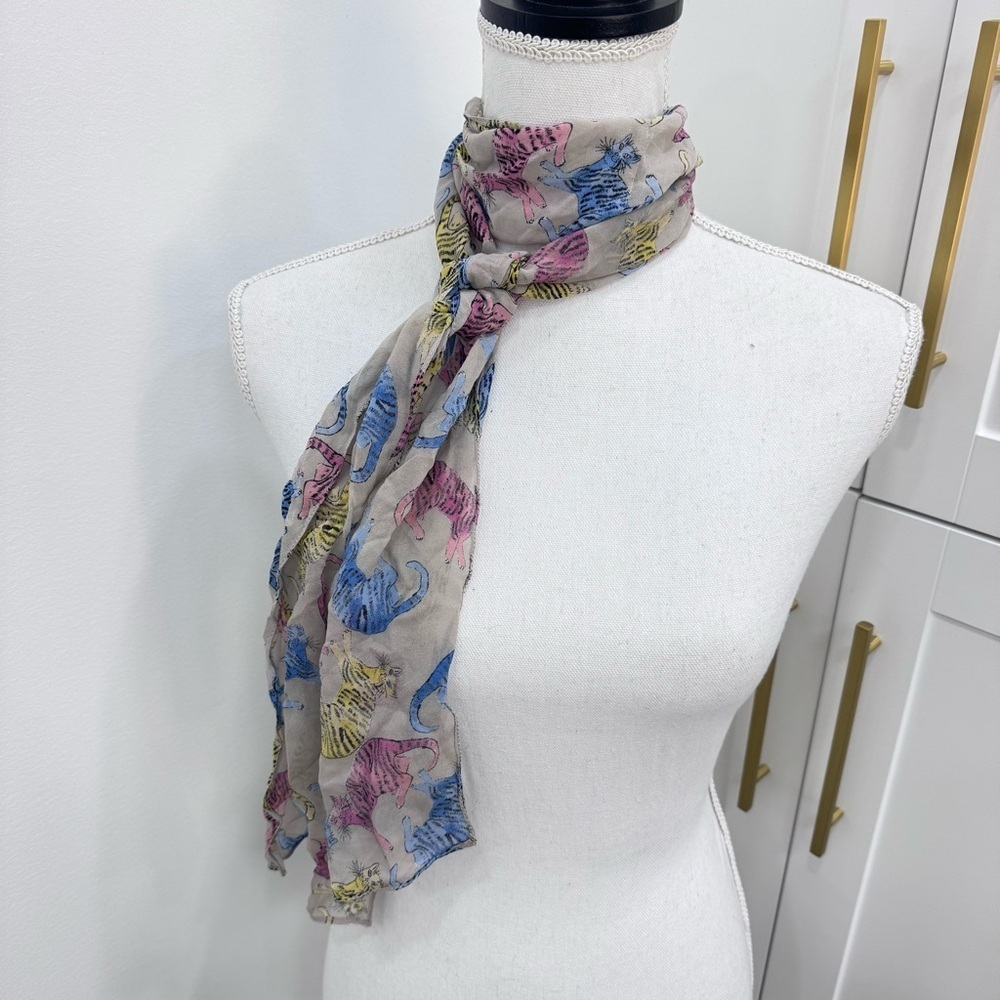 Cat scarf whimsical cat retro novelty crazy cat lady Funky blue pink yellow